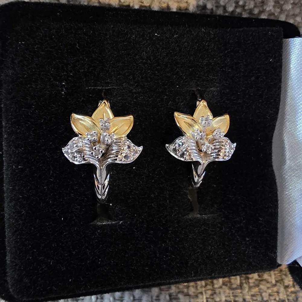 White Topaz 925 Sterling Silver Gold Enamel Believe in Miracles Flower Earrings - Picture 4 of 7